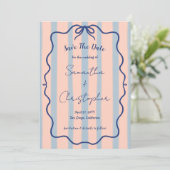  whimsical wavy frame blue bow retro stripe weddin セーブザデート (スタンド正面)