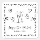 Whimsical Wavy Frame Champagne Toast Wedding スクエアシール (正面)