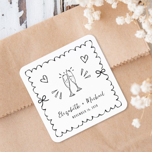 Whimsical Wavy Frame Champagne Toast Wedding スクエアシール