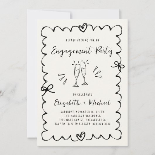 Whimsical Wavy Frame Cream Photo Engagement Party 招待状 (正面)