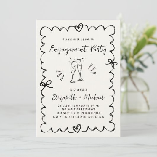 Whimsical Wavy Frame Cream Photo Engagement Party 招待状 (スタンド正面)