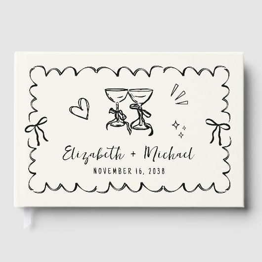 Whimsical Wavy Frame Hand Drawn Cream Wedding ゲストブック (正面)