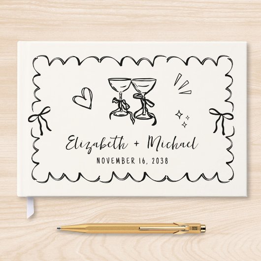 Whimsical Wavy Frame Hand Drawn Cream Wedding ゲストブック
