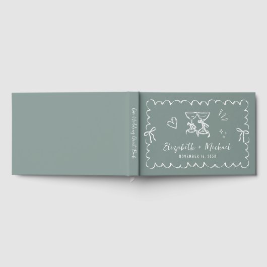 Whimsical Wavy Frame Hand Drawn Sage Green Wedding ゲストブック (全面)
