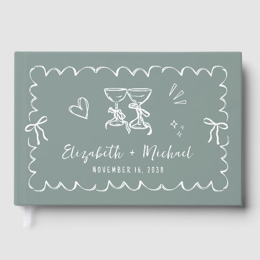 Whimsical Wavy Frame Hand Drawn Sage Green Wedding ゲストブック (正面)