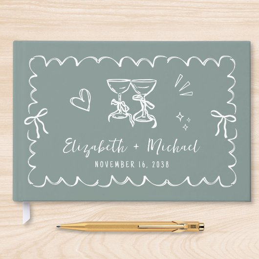 Whimsical Wavy Frame Hand Drawn Sage Green Wedding ゲストブック