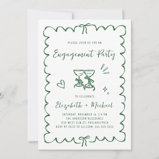 Whimsical Wavy Frame Photo Green Engagement Party 招待状 (正面)