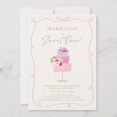 Whimsical Wavy Frame Pink Cake First Birthday 招待状 (正面)