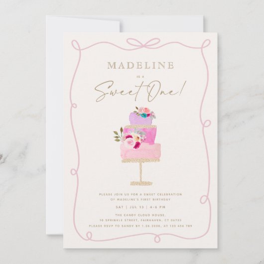 Whimsical Wavy Frame Pink Cake First Birthday  招待状 (正面)