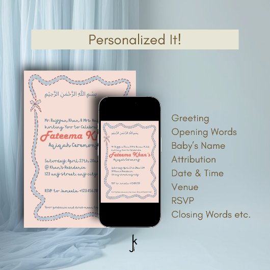 Whimsical wavy of Blush Pink and Soft Blue Aqiqah 招待状