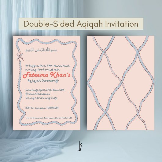 Whimsical wavy of Blush Pink and Soft Blue Aqiqah 招待状