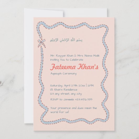 Whimsical wavy of Blush Pink and Soft Blue Aqiqah 招待状 (正面)