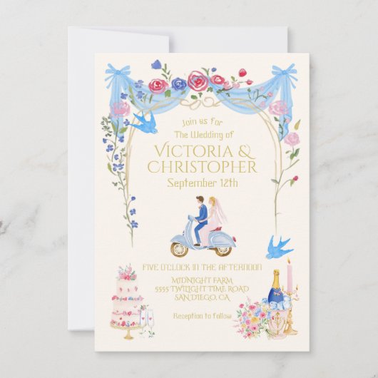 Whimsical Wedding Couple Italian scooter 招待状 (正面)