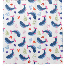 Whimsical Whales and Coral Seamless Pattern シャワーカーテン