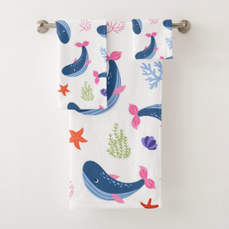 Whimsical Whales and Coral Seamless Pattern バスタオルセット