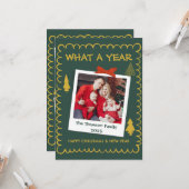 Whimsical What A Year Multi Photo Christmas Green  カード (正面/裏面インサイチュ)