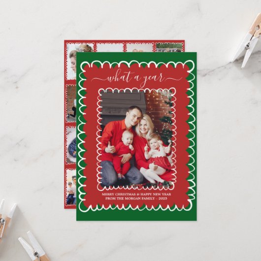 Whimsical What a Year Photo Collage Christmas カード (正面/裏面インサイチュ)