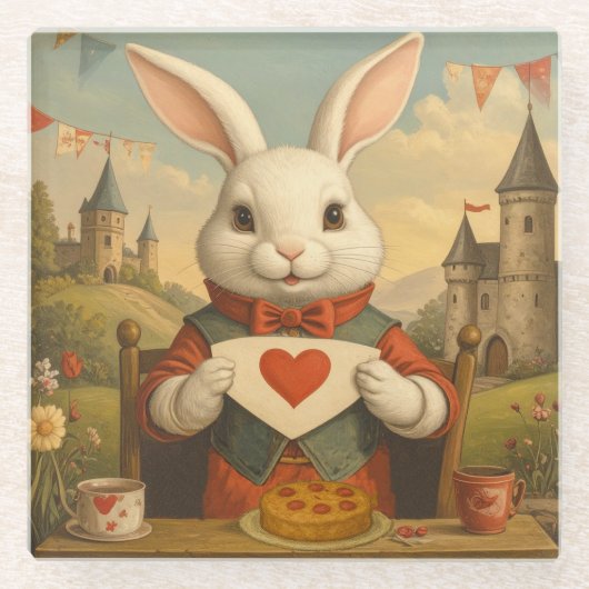 Whimsical White Rabbit Hearts Enchanted Wonderland ガラスコースター (正面)