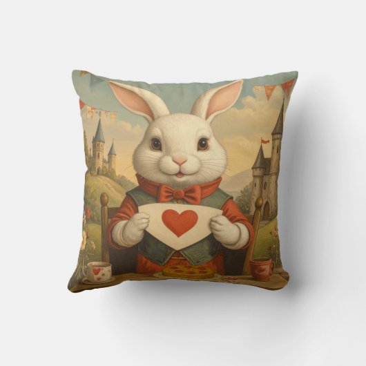 Whimsical White Rabbit Hearts Enchanted Wonderland クッション (裏面)