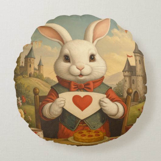 Whimsical White Rabbit Hearts Enchanted Wonderland ラウンドクッション (正面)