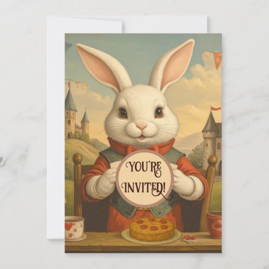 Whimsical White Rabbit Hearts Enchanted Wonderland 招待状 (正面)