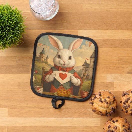 Whimsical White Rabbit Hearts Enchanted Wonderland 鍋敷き (トップダウン)