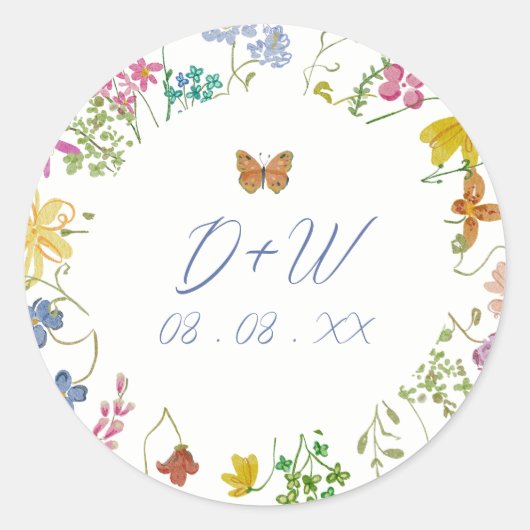 Whimsical Wildflower Butterly Monogrammed Sticker ラウンドシール (正面)