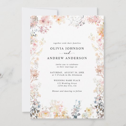 whimsical wildflower elegant modern floral weddin 招待状 (正面)