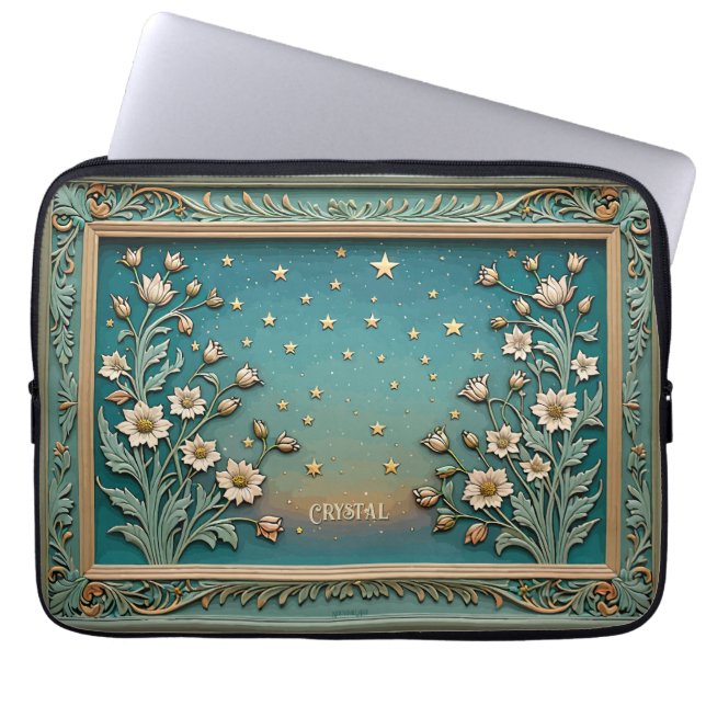 Whimsical Wildflower Evening Art Nouveau Teal ラップトップスリーブ (正面)