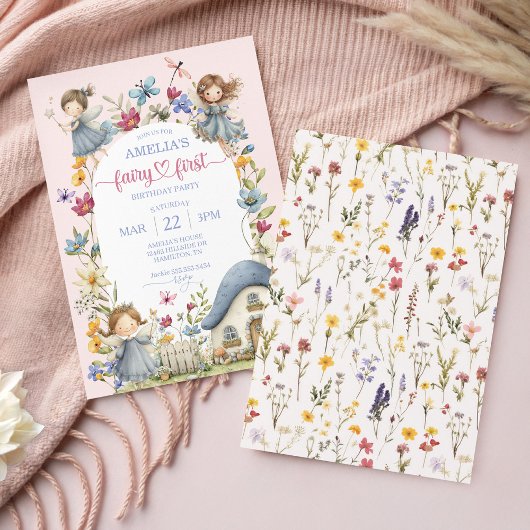 Whimsical Wildflower Fairy First Birthday Party 招待状