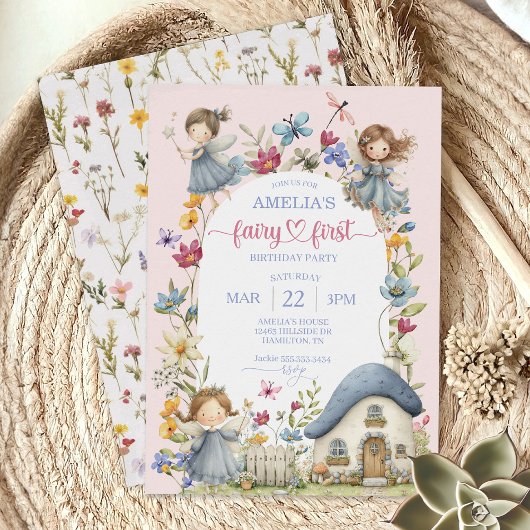 Whimsical Wildflower Fairy First Birthday Party 招待状