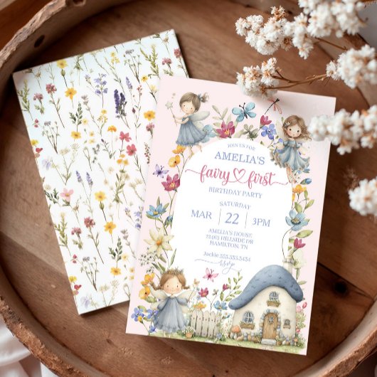 Whimsical Wildflower Fairy First Birthday Party 招待状