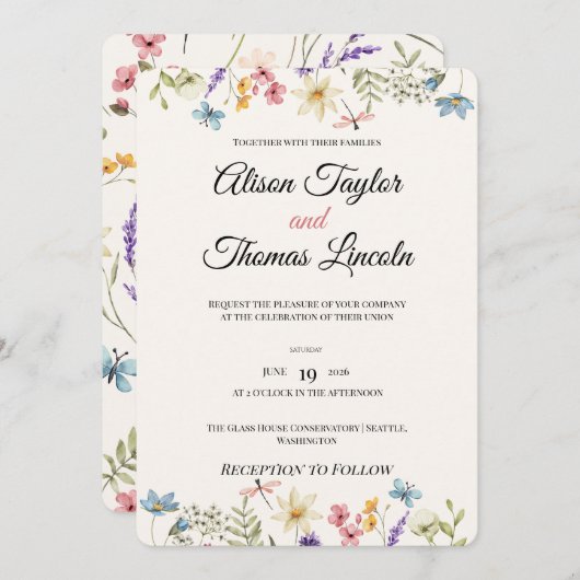 Whimsical Wildflower Meadow Butterfly Wedding  招待状 (正面/裏面)