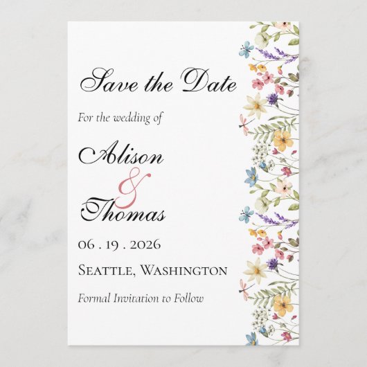 Whimsical Wildflower Meadow Wedding Save The Date セーブザデート (正面)