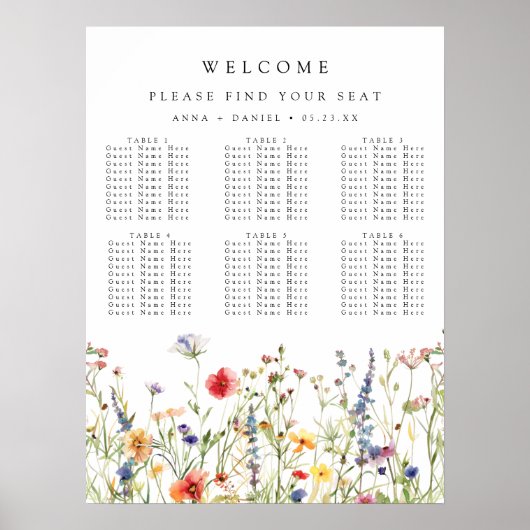 Whimsical Wildflower Wedding Seating Chart ポスター (正面)