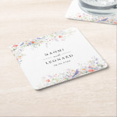 Whimsical Wildflowers & Blue Birds Watercolor スクエアペーパーコースター (アングル)
