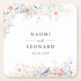 Whimsical Wildflowers & Blue Birds Watercolor スクエアペーパーコースター