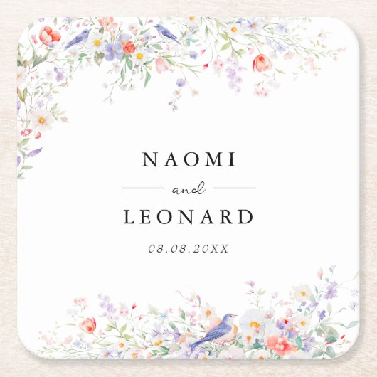 Whimsical Wildflowers & Blue Birds Watercolor スクエアペーパーコースター (正面)
