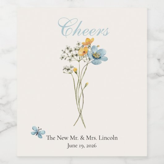 Whimsical Wildflowers Meadow Wedding ワインラベル (シングルラベル)