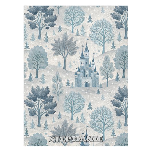 Whimsical Winter Castle Landscape in Blue & Grey テーブルクロス (正面)