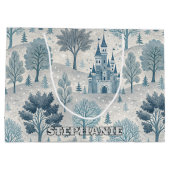 Whimsical Winter Castle Landscape in Blue & Grey ラージペーパーバッグ (裏面)