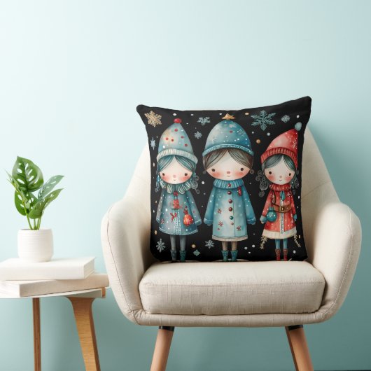 Whimsical Winter Family Throw Pillow クッション (椅子)