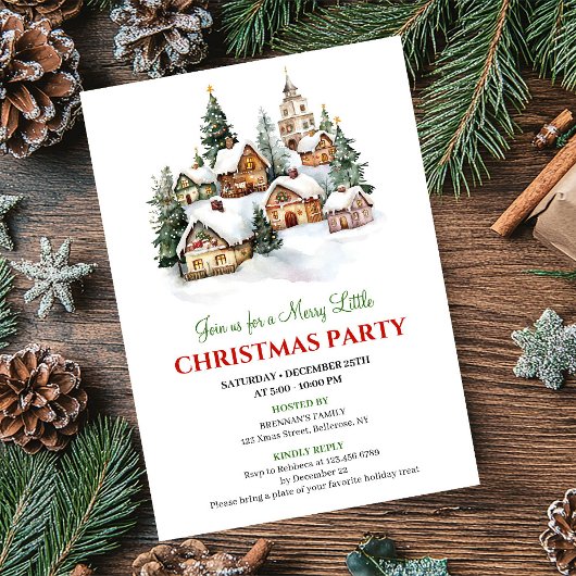 Whimsical winter scene Christmas party invite 招待状