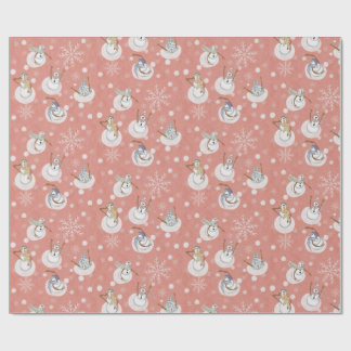 Whimsical Winter Snowmen at Play Muted Coral Pink ラッピングペーパー