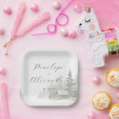 Whimsical Winter Watercolor Cabin Scene ペーパープレート (パーティー)