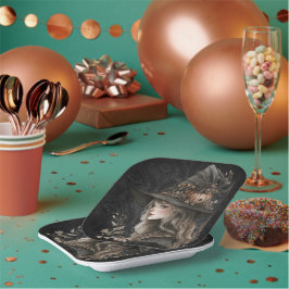 Whimsical Witch on Black Damask ペーパープレート