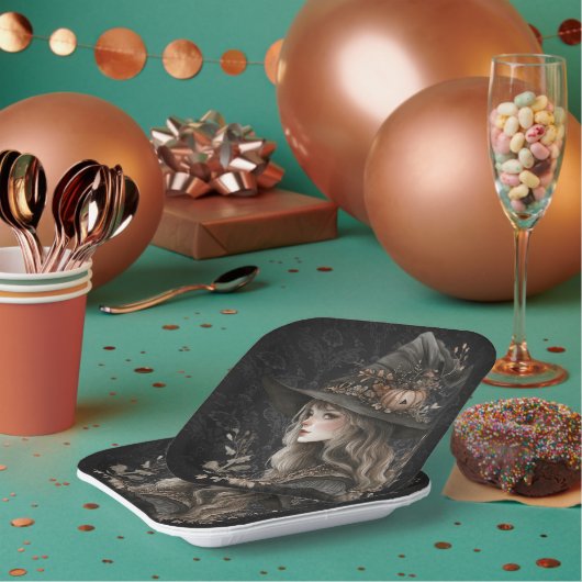 Whimsical Witch on Black Damask ペーパープレート (複数)