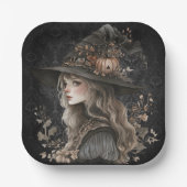 Whimsical Witch on Black Damask ペーパープレート (正面)