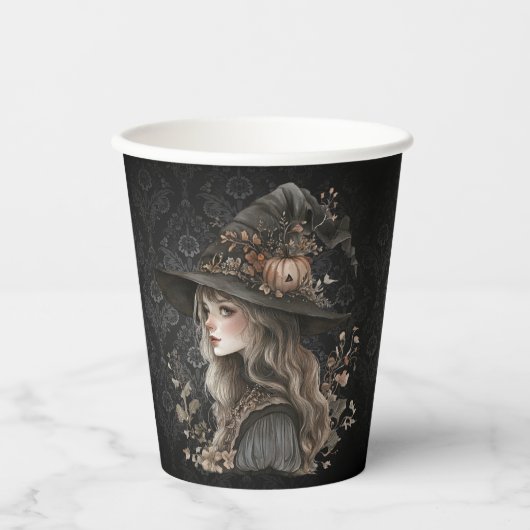 Whimsical Witch on Black Damask 紙コップ (正面)