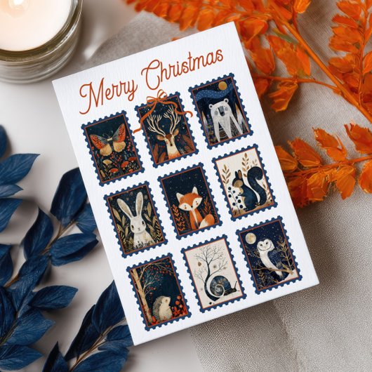 Whimsical Woodland Animal Stamps Merry Christmas  ポストカード